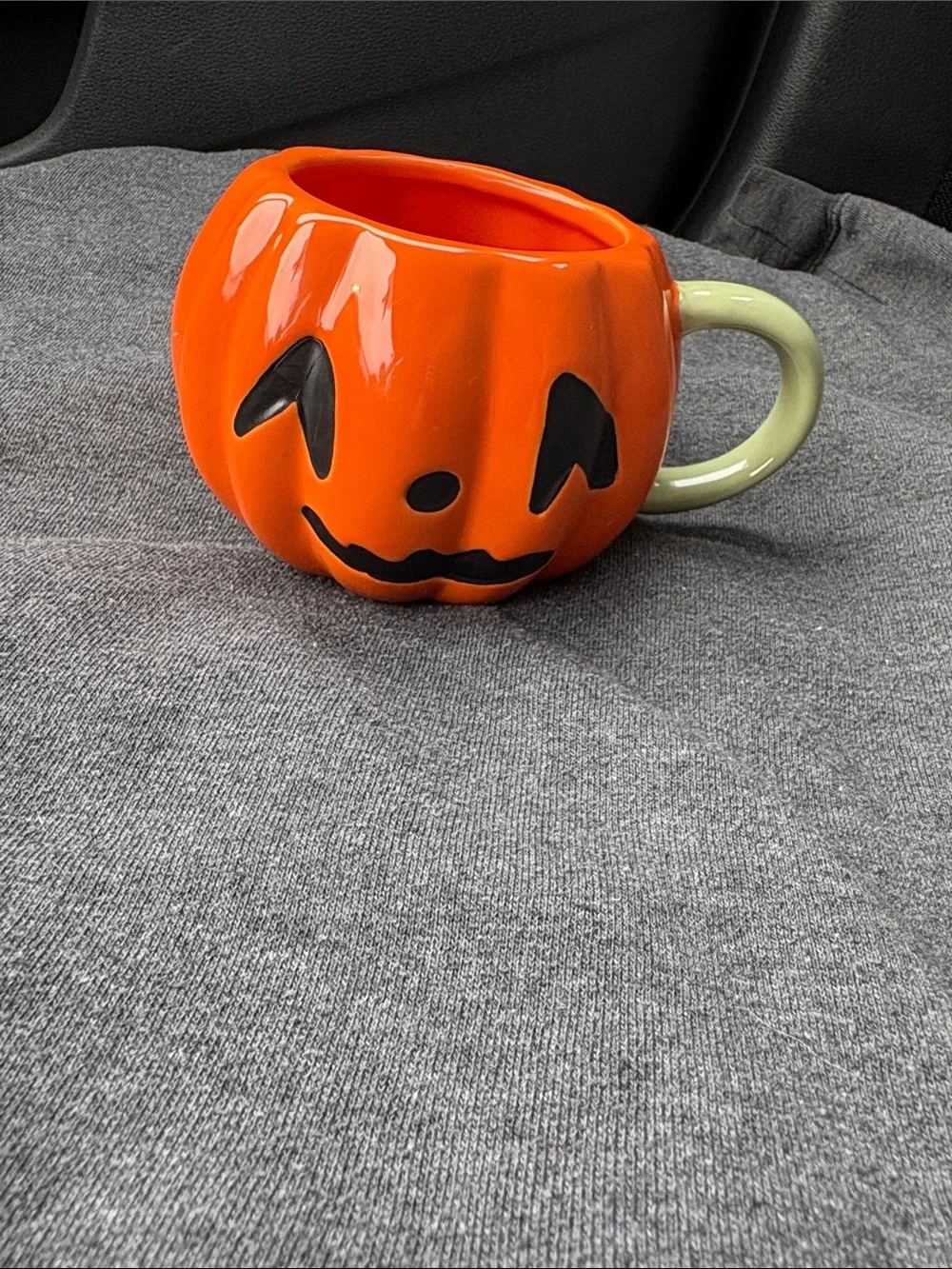 Festive Orange Pumpkin Ceramic Jack-O'-Lantern Mug with green Handle